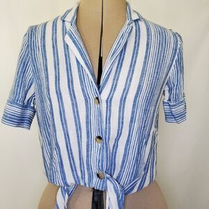 H&M Women's Button-up Top Size 2 Blue White Striped Shirt Short Sleeve Blouse